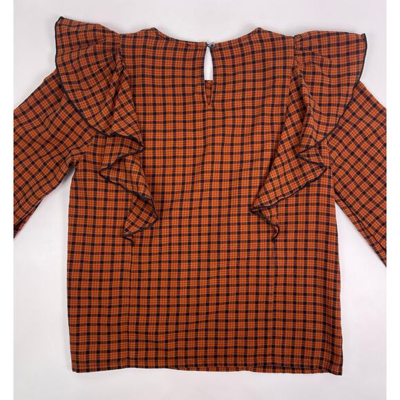 Madewell Burnt Orange & Black Plaid Ruffle Front Long Sleeve Top - Picture 4 of 8